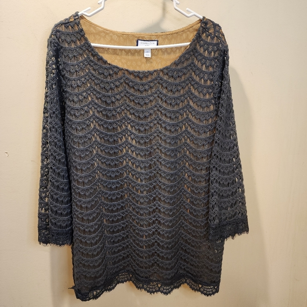 Charter Club Gray Lace Overlay  Plus Size Top 2x